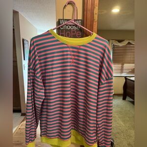 Striped Pink and Blue Sweatshirt with Yellow Trim